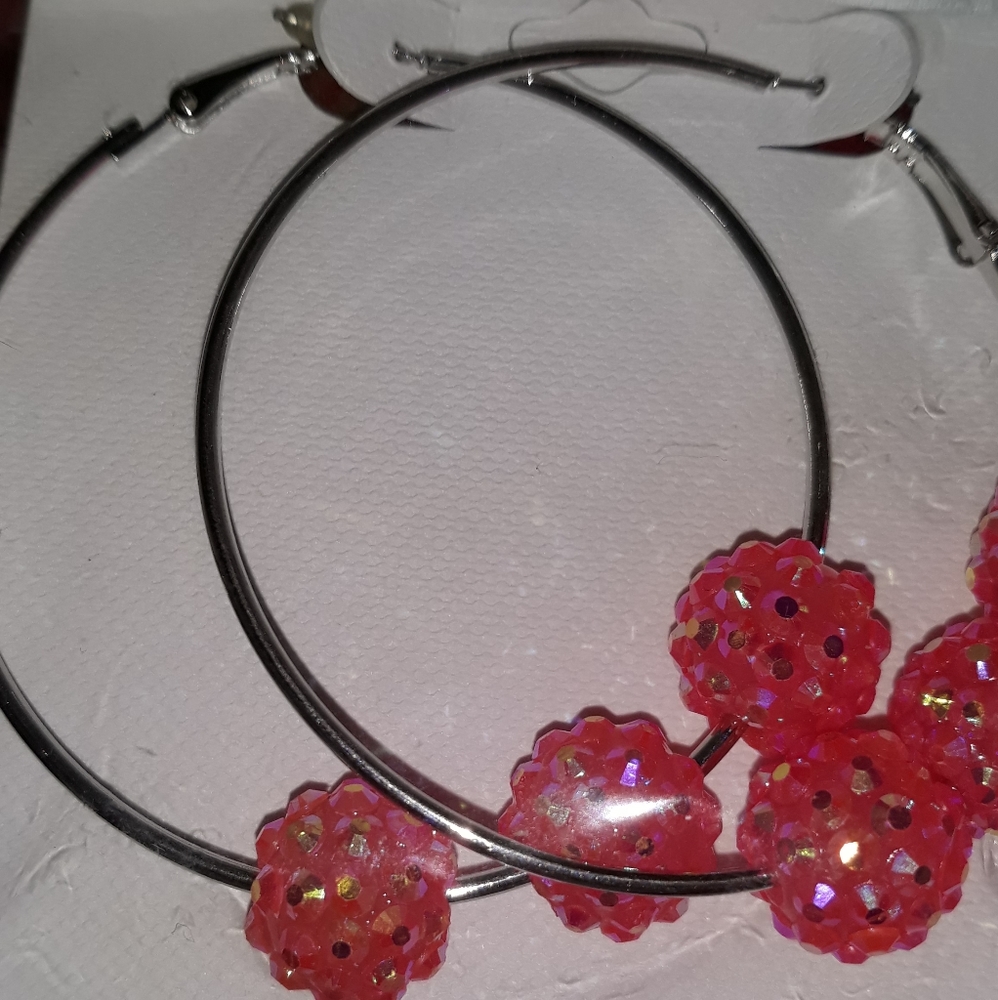 Silver hoop earrings with Hot Pink bling color beads. NEW in package Great Gift!
